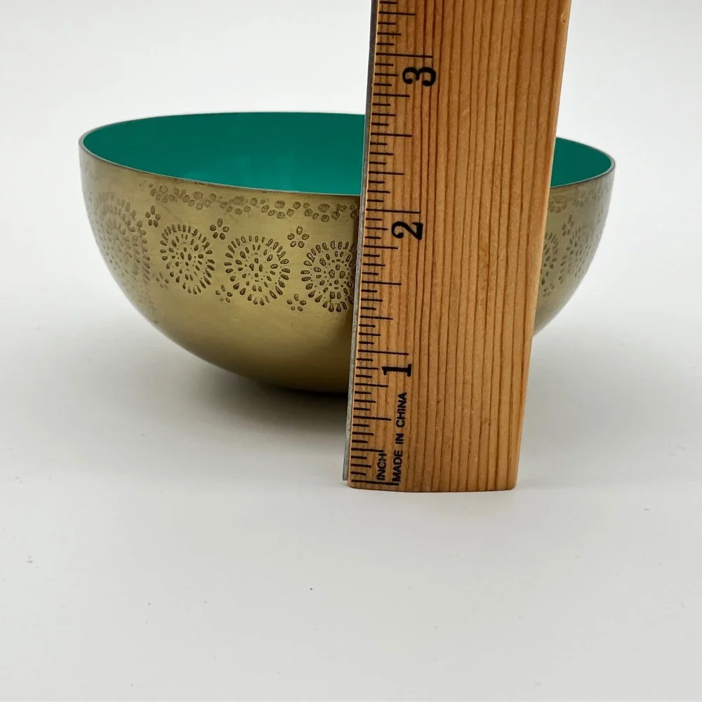 Vintage Decorative Brass Bowl 5in Teal Enamel Interior Textured Floral Gold